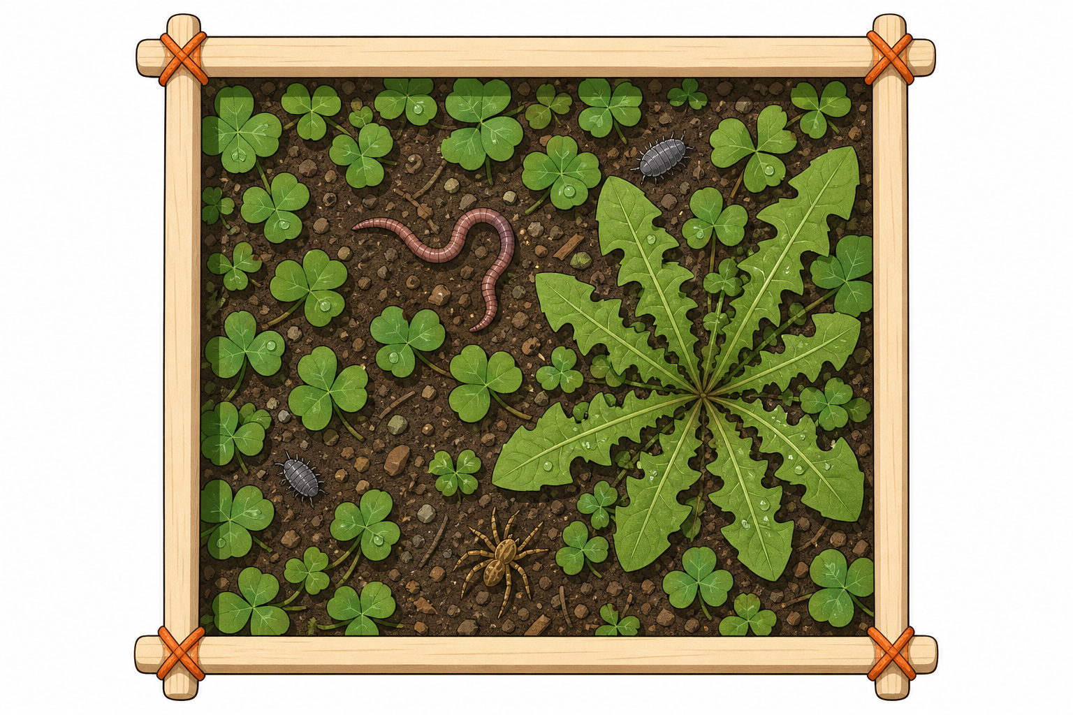 Close view inside the hoop: the plants and minibeasts to be tallied