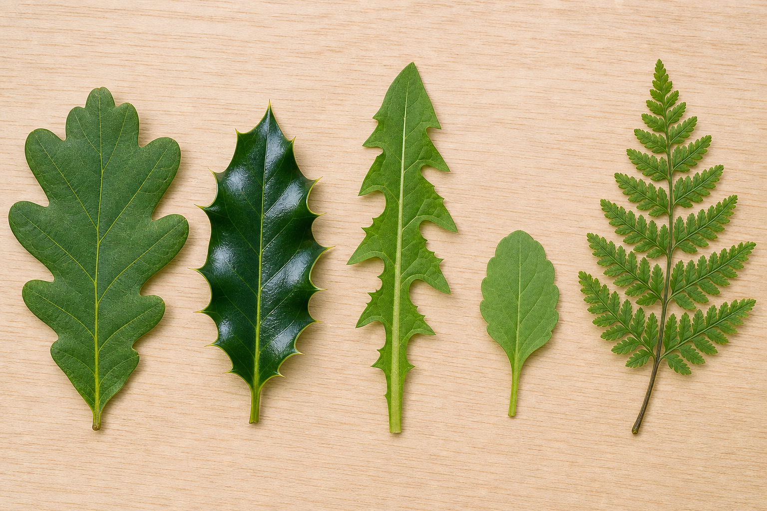 The five real leaves the class will name, shown plainly and close