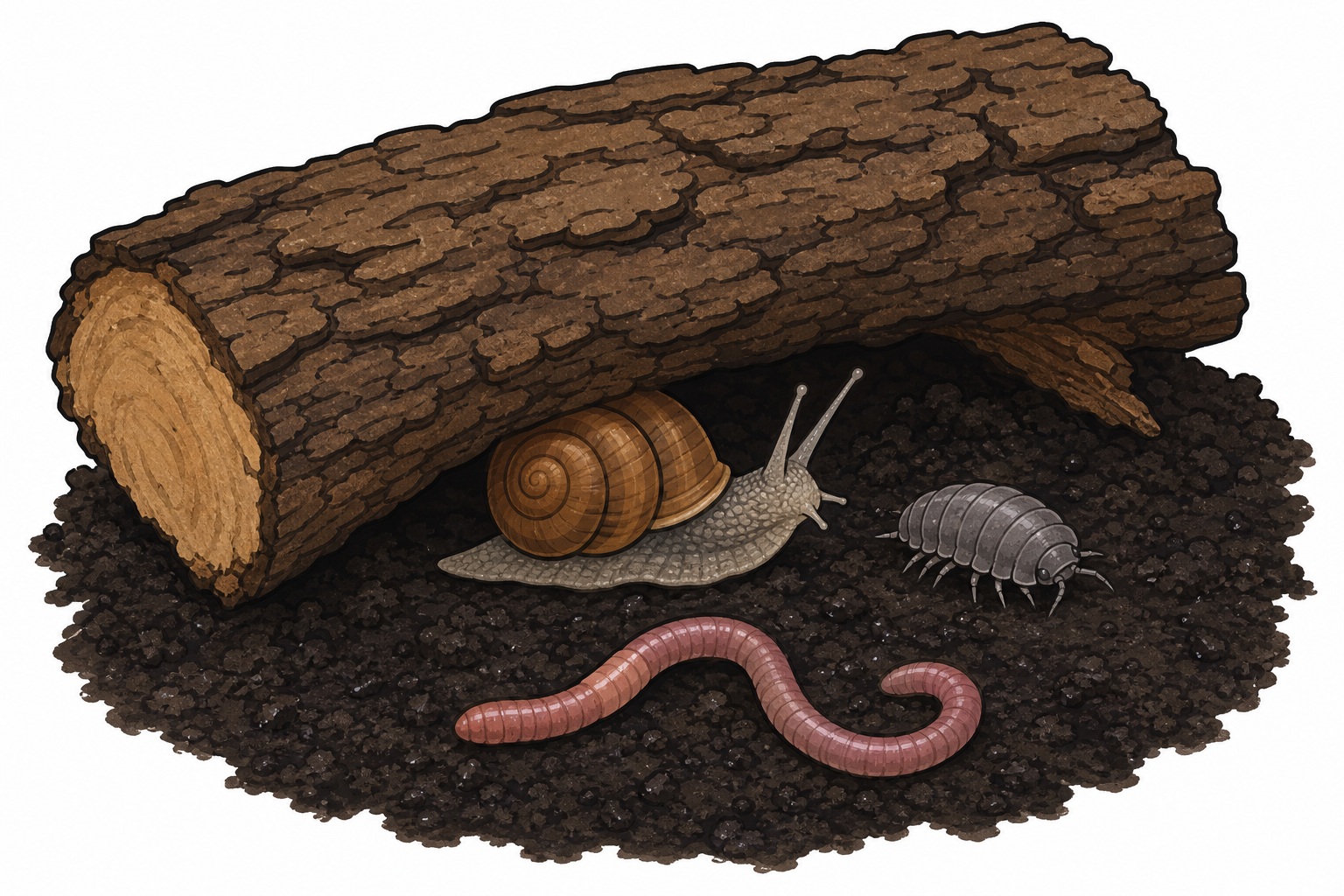 Minibeasts revealed under a lifted log, the day's real subject
