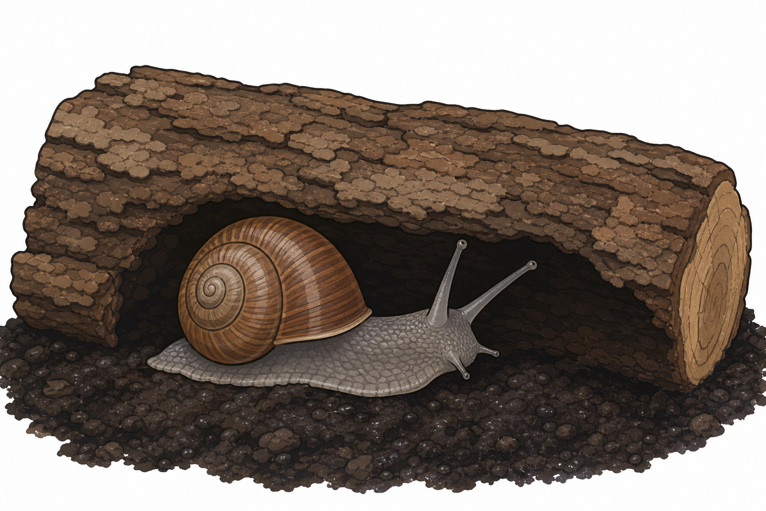 Close view of the snail named in the text, on damp wood