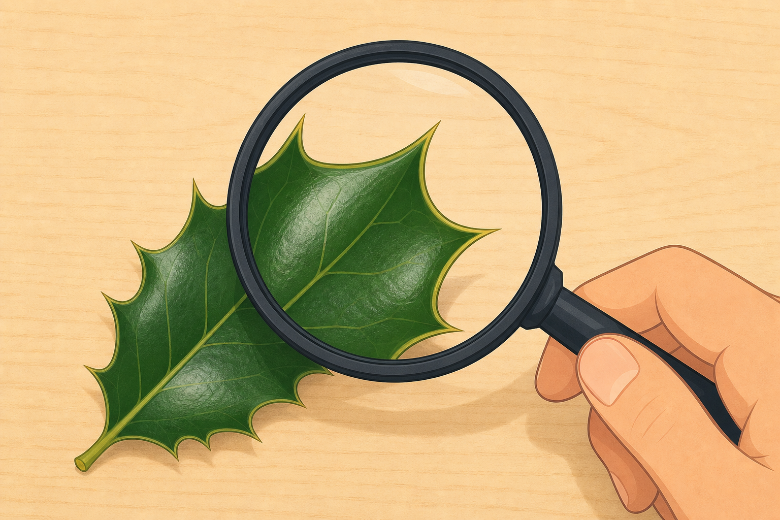 Magnifier enlarging a prickly holly edge, the kind of feature groups hunt for