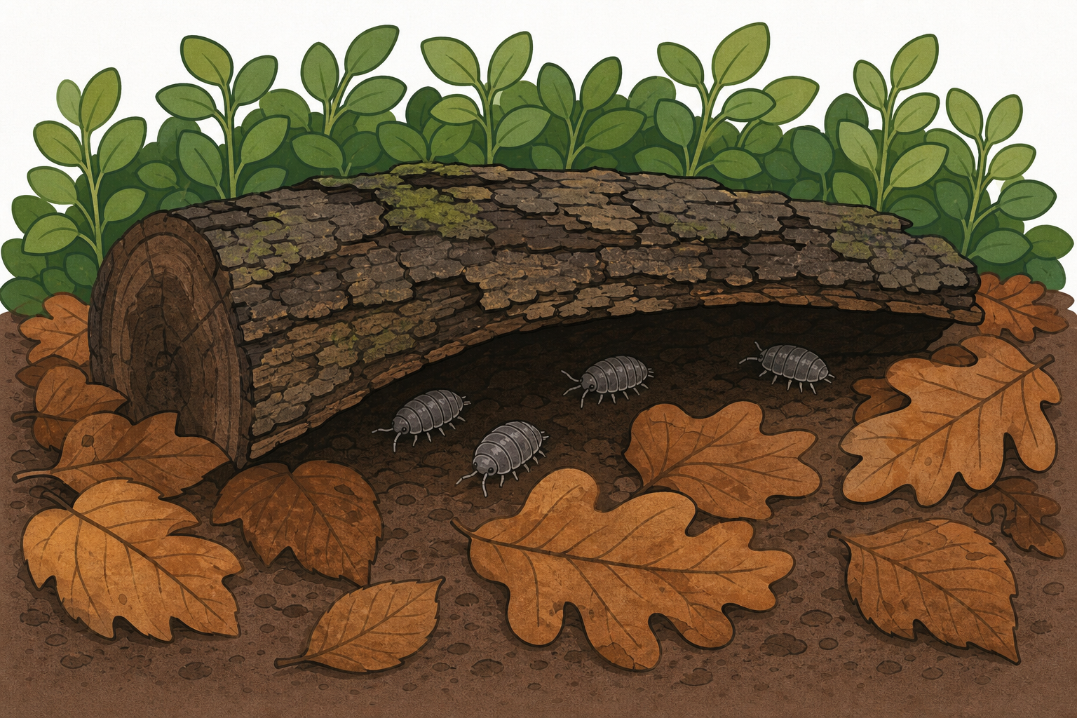 Damp underside of log showing shelter, moisture and hiding places for minibeasts