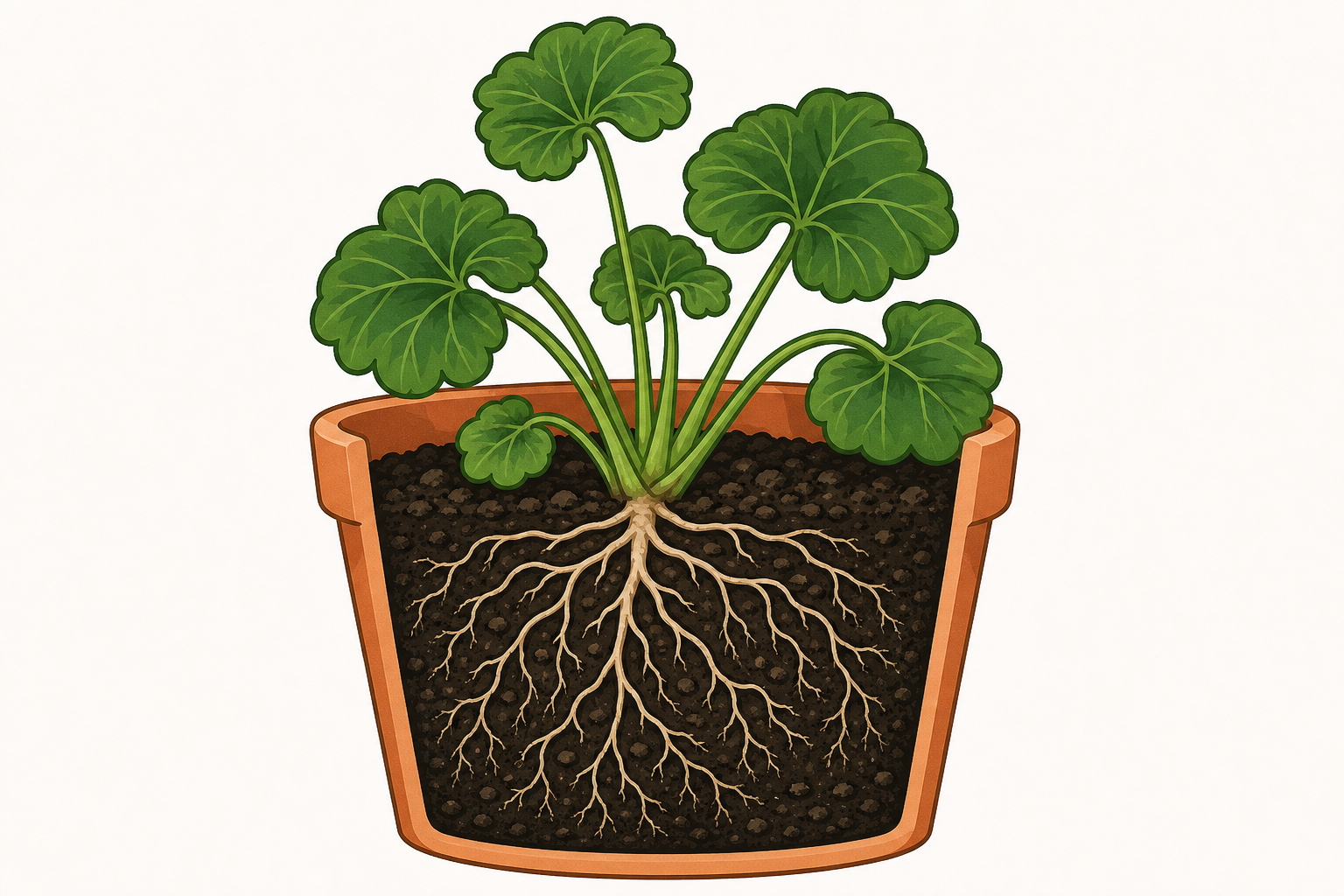 Roots in soil, where the plant drinks water