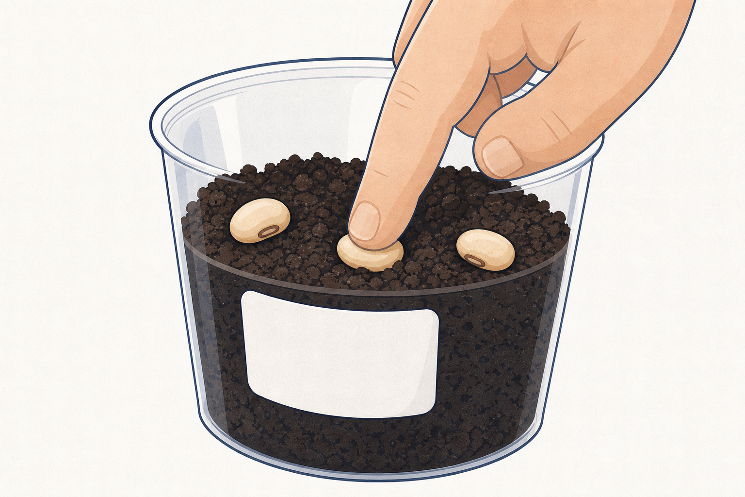 Seeds being set into the damp compost of one cup