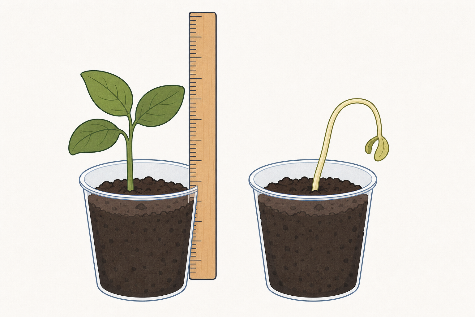 How to stand a ruler on the soil to measure plant height in centimetres