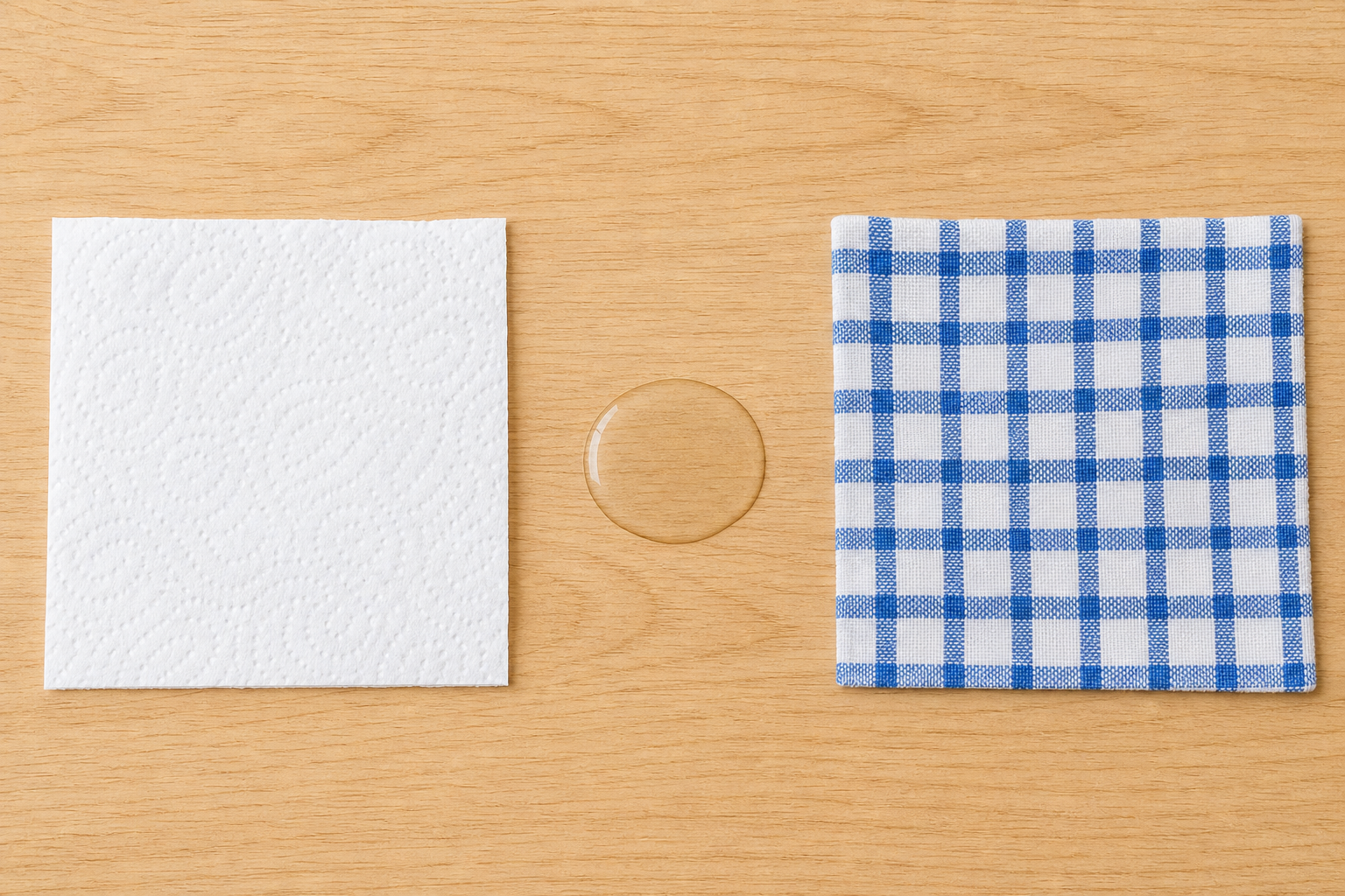 The two cloths beside a water spill, the choice the lesson opens on