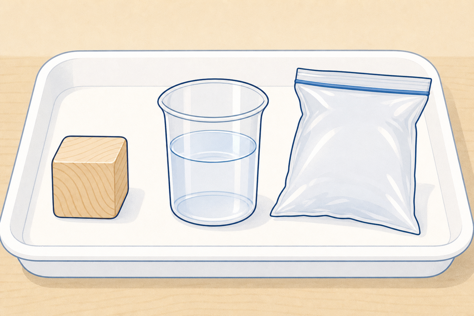 The three test materials on the tray that open the lesson