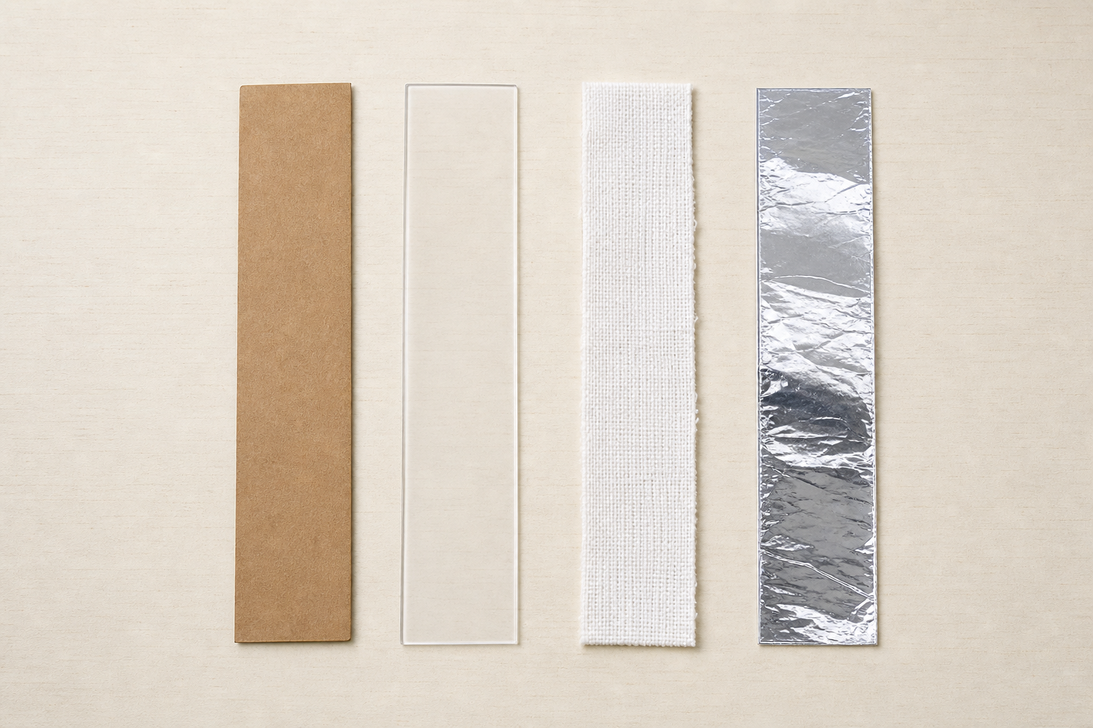 The four materials to be tested, same size, before any testing