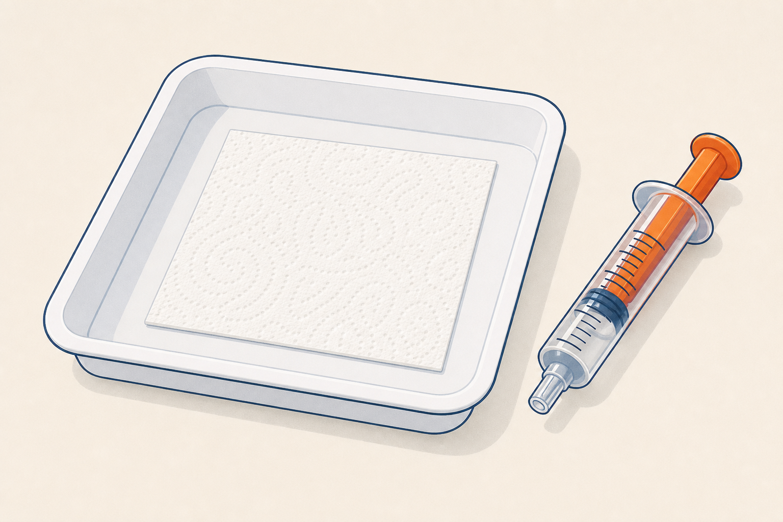Apparatus for measuring: syringe, tray and one material square