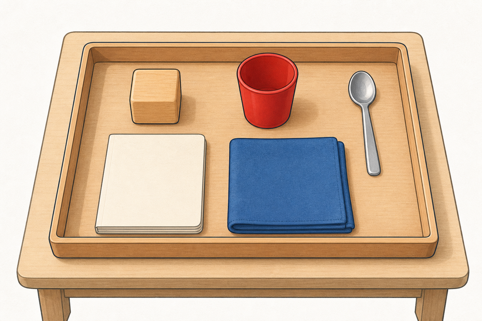 The tray holding one find of each material, for pointing and naming