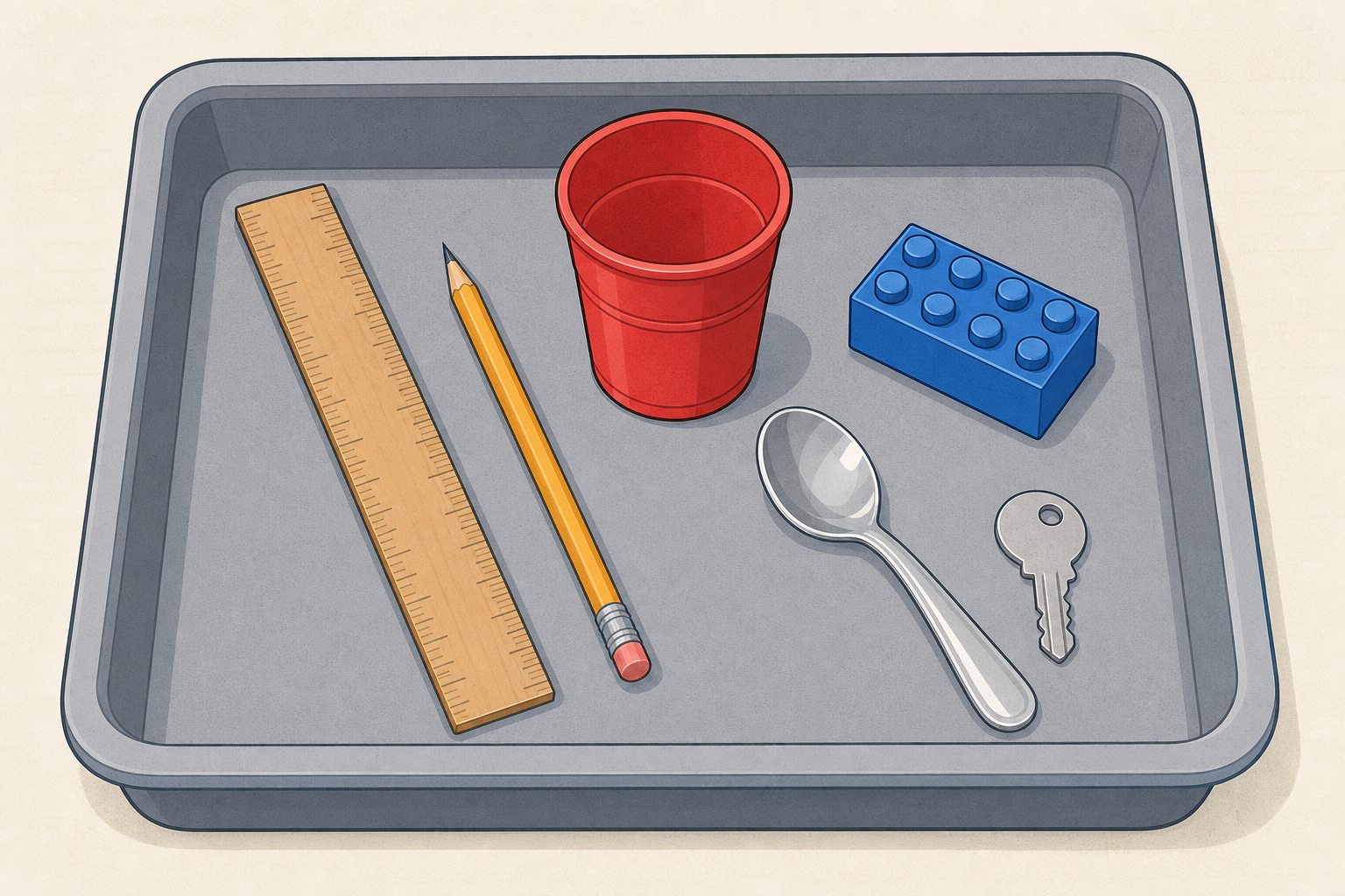 The actual tray of classroom objects the class will sort today