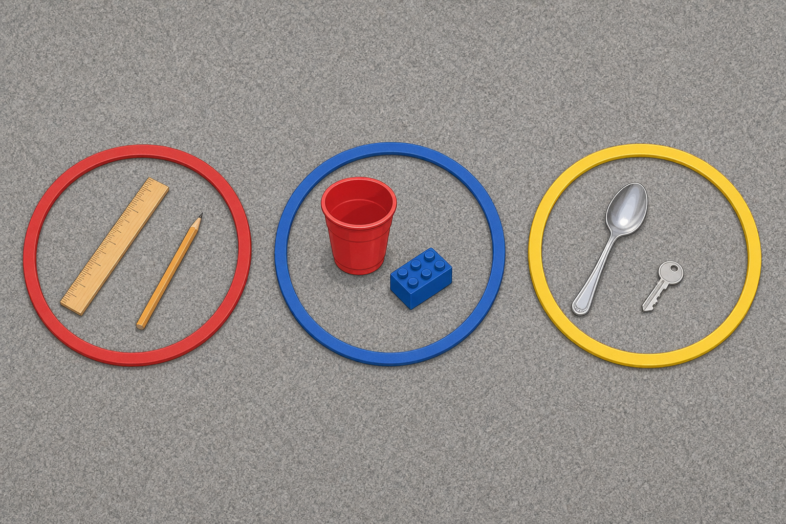 The hoop apparatus with objects grouped by material, so sorting is clear