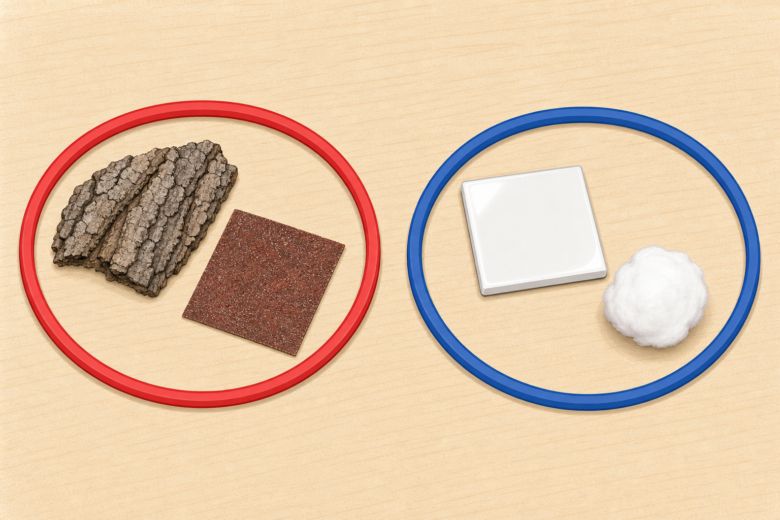 Two sorting hoops with pieces placed by how they feel