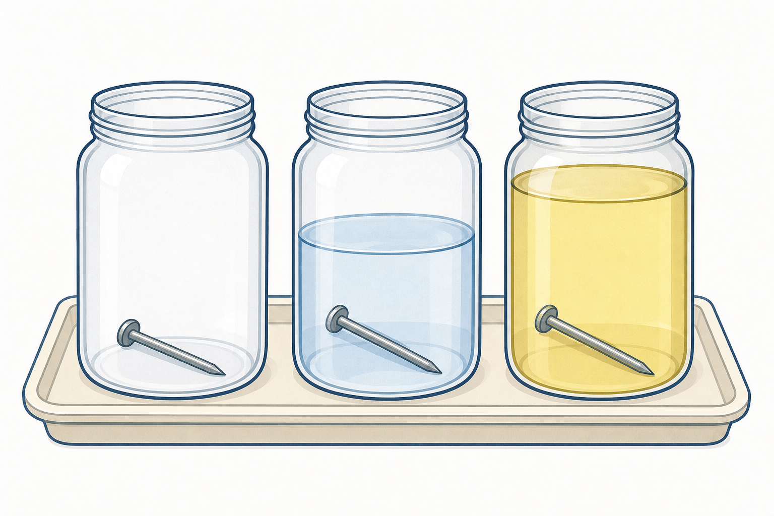 Three-jar rusting set-up: nail in dry air, water and oil
