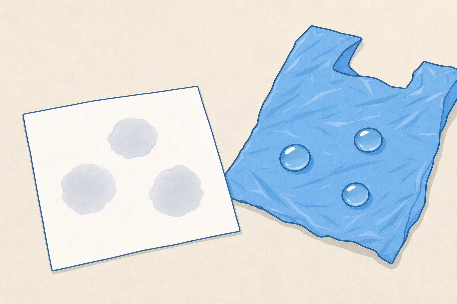 Water soaking into paper but beading on plastic, the demonstration itself