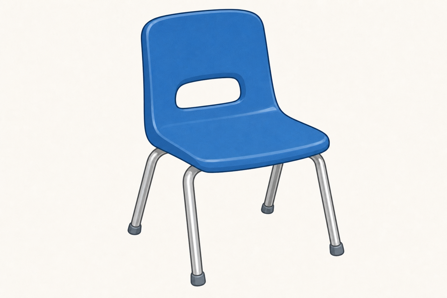 A classroom chair close up, showing its plastic and metal parts