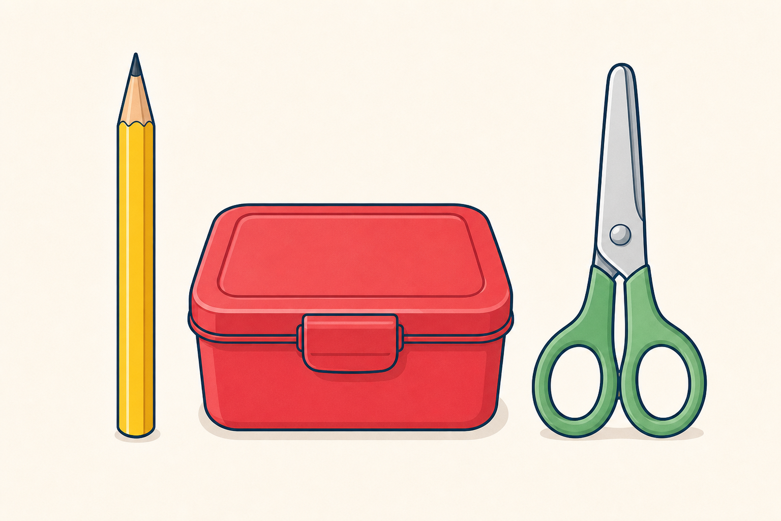 The three example objects for wood, plastic and metal, side by side