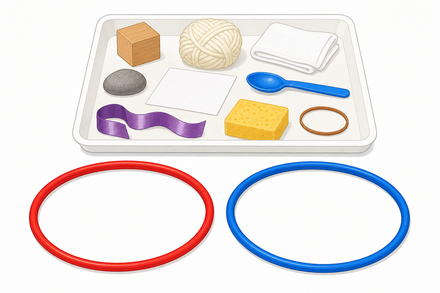 The tray of items and the empty hoops the group will sort into