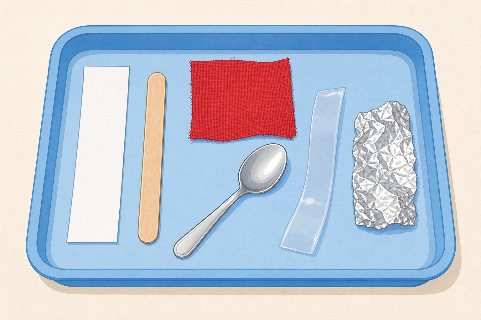 The real tray of materials the class will handle today, shown close up