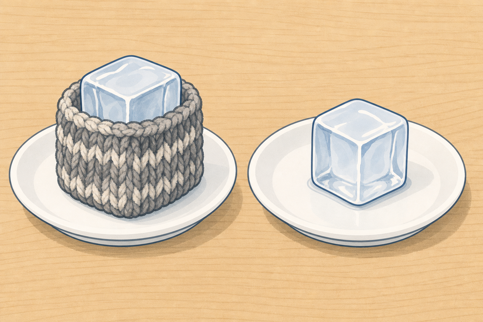 The two ice cubes to compare, wrapped and bare, opening the question