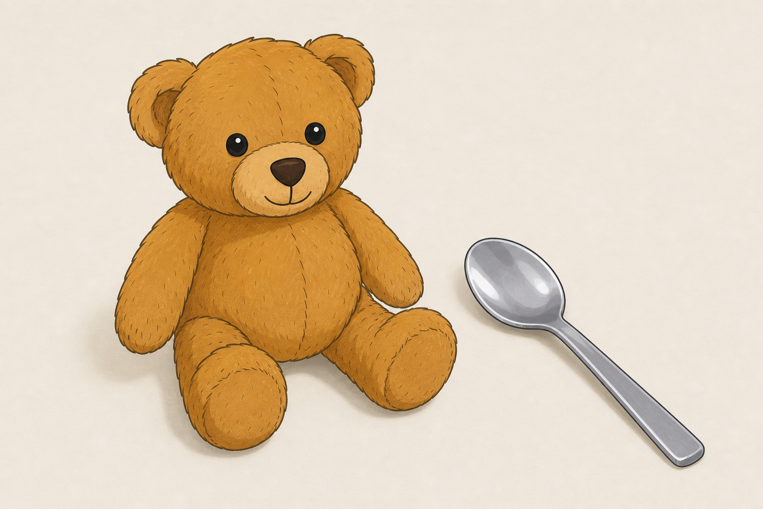 The two opening objects, squashy teddy and firm spoon, shown close and plain