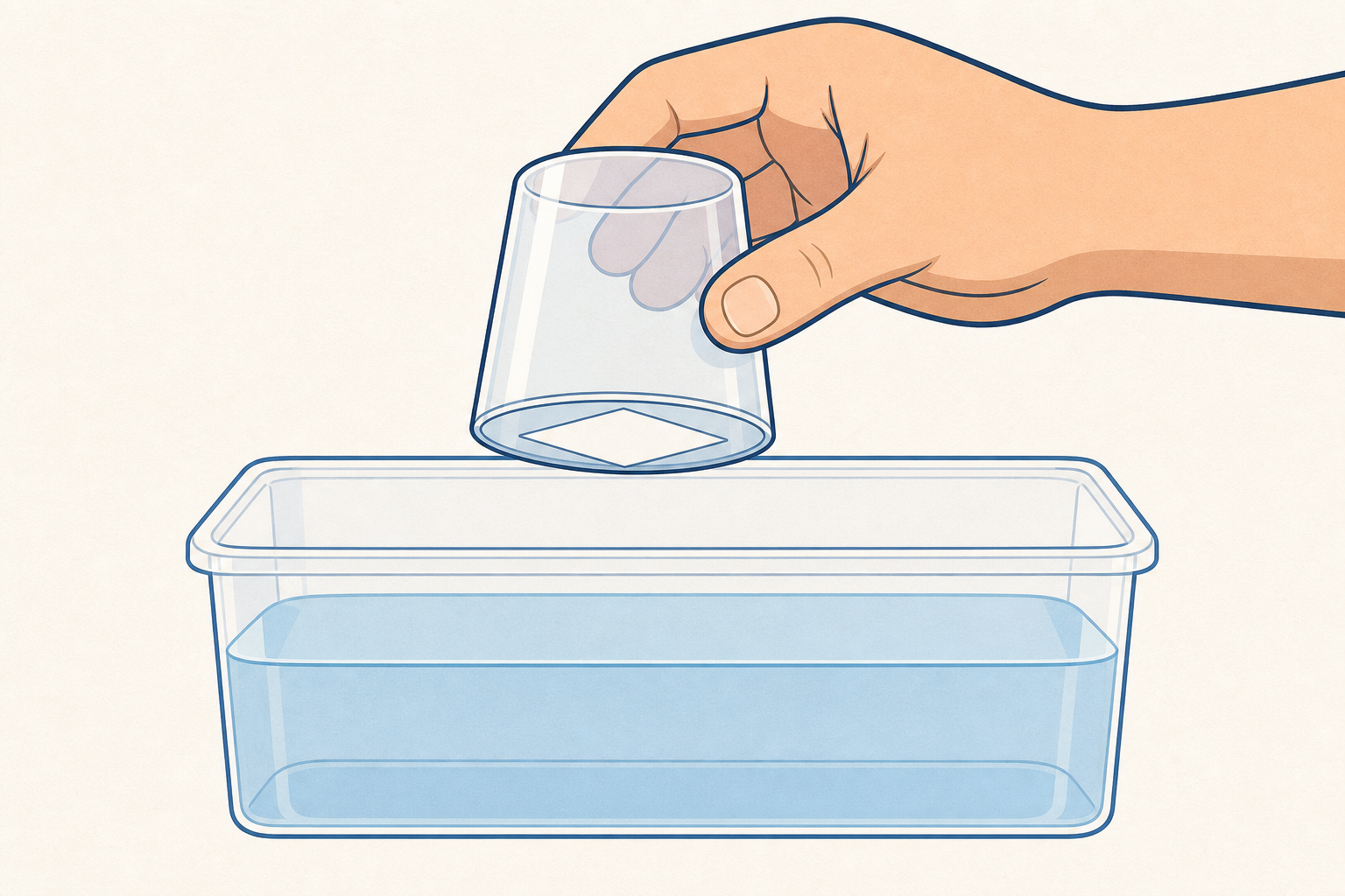 Apparatus set up: paper wedged in upturned cup above the water