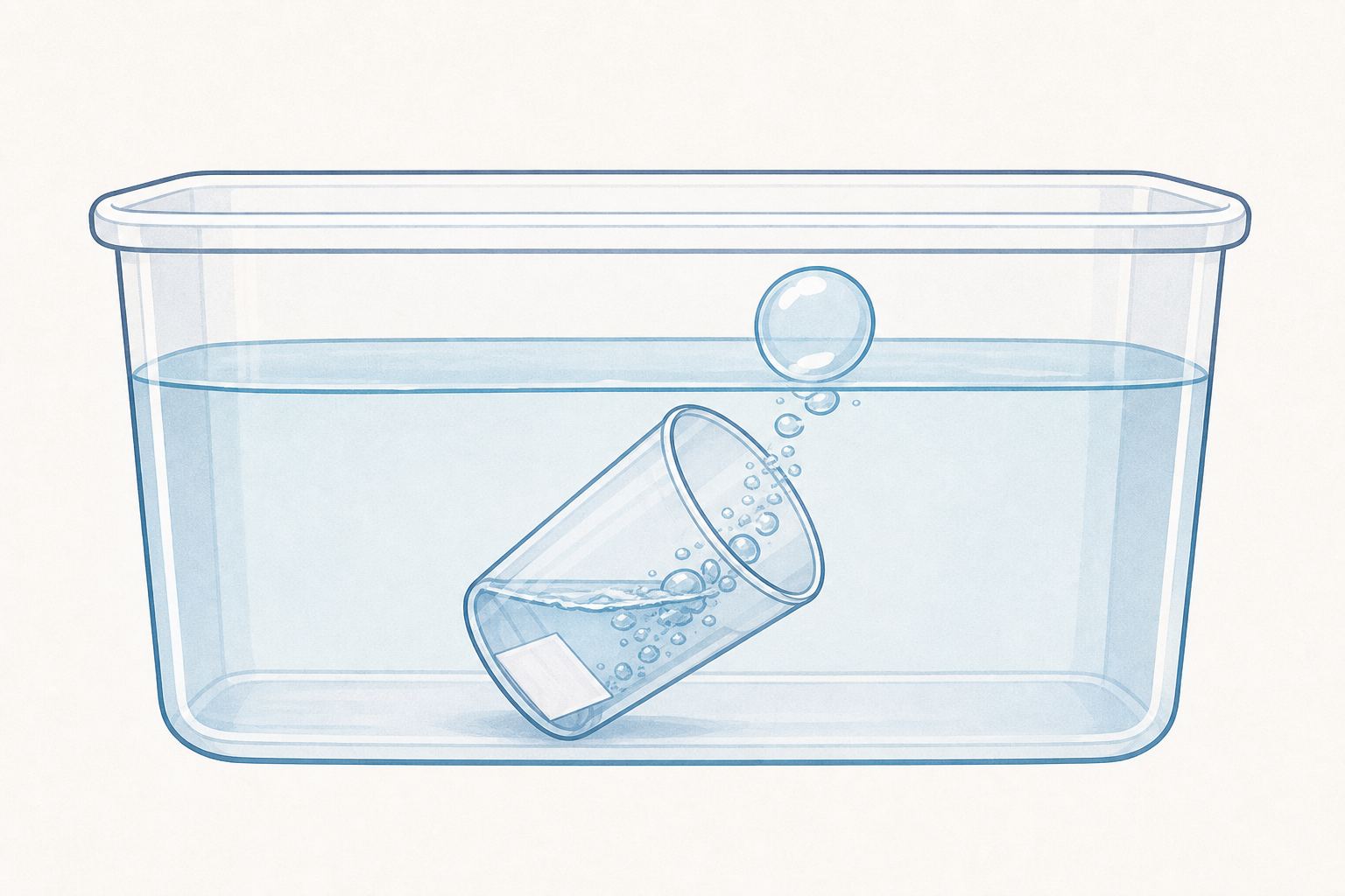 Cup tipped under water: air escapes as bubbles, water rushes in
