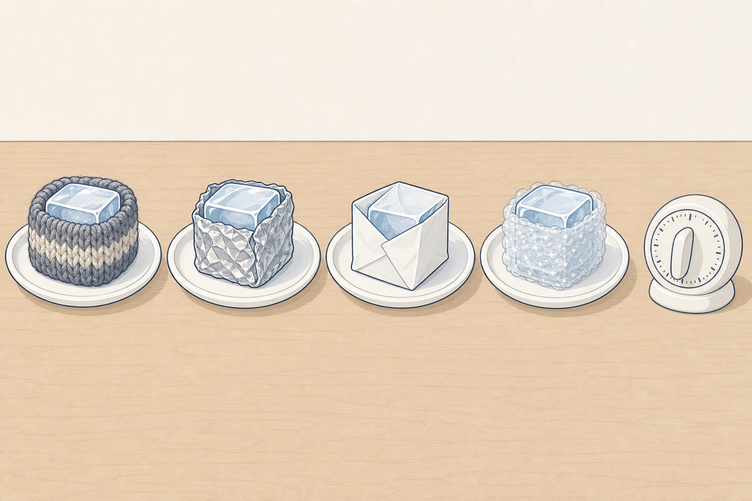 The ice trial set up, one cube per wrapping, with a timer