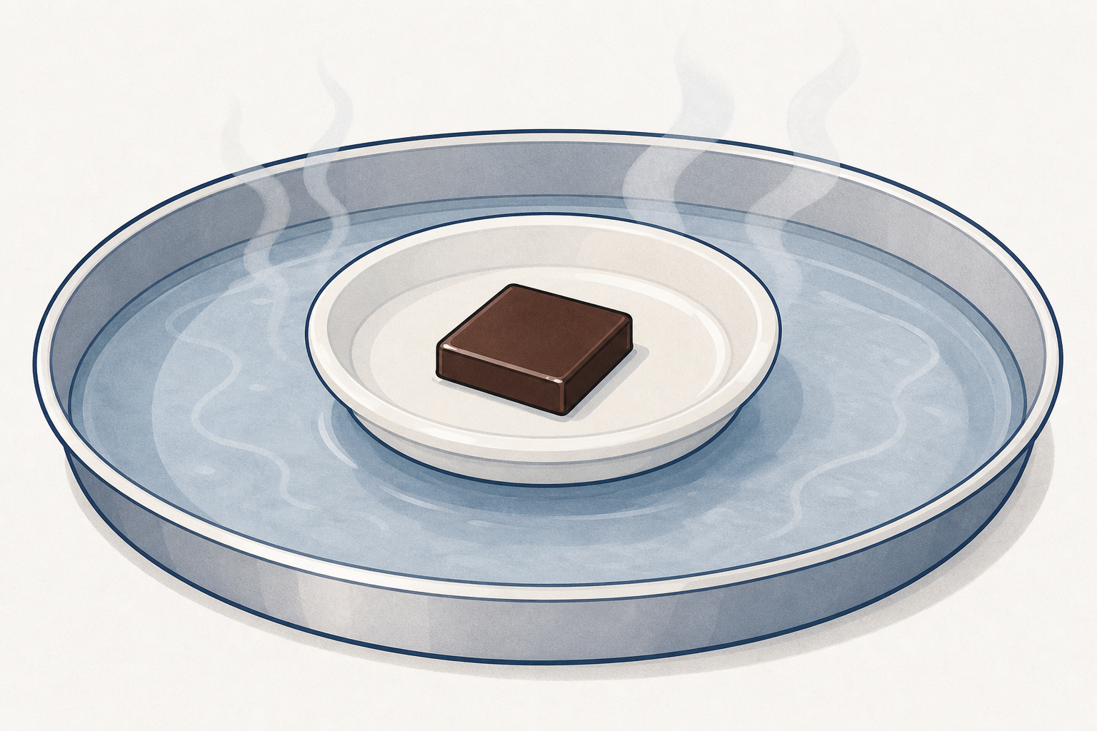 The warming apparatus set up: dish of chocolate resting on warm water