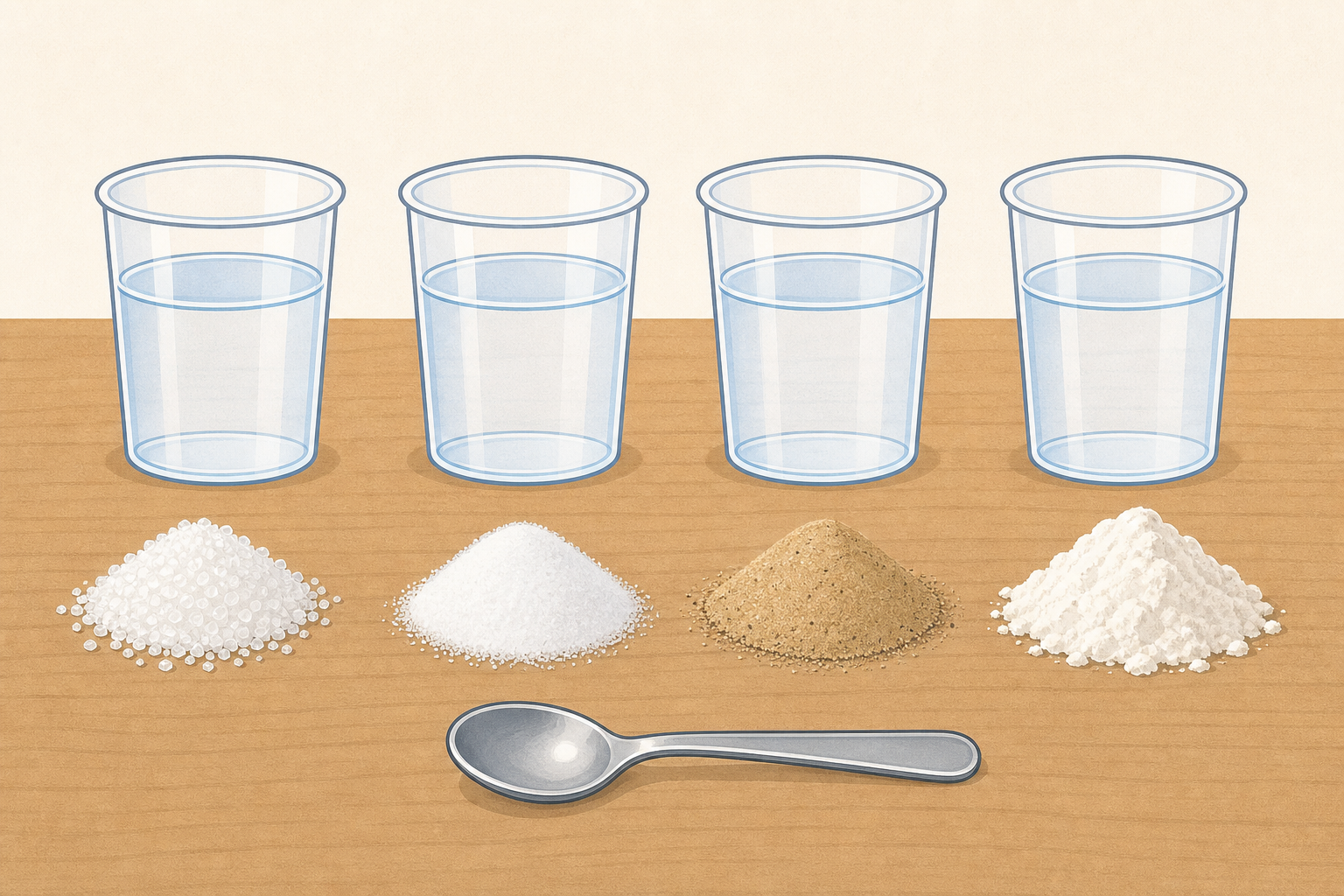 The real apparatus of today's test: cups of water, four materials, spoon