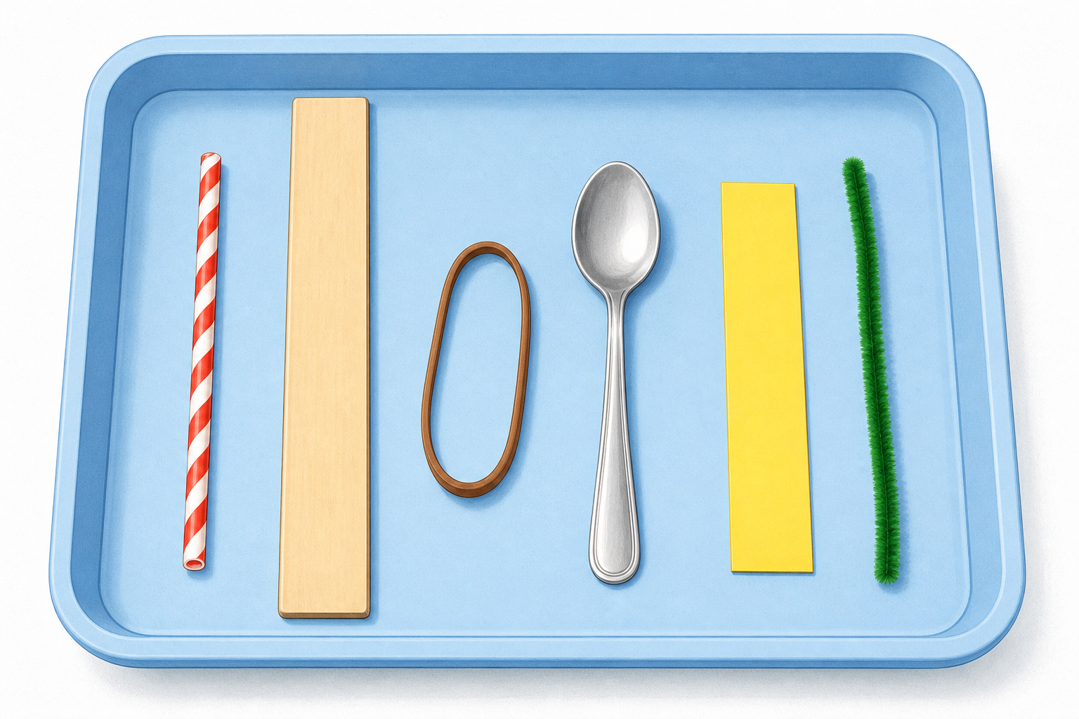 The tray of test items the class will sort, so all objects are seen