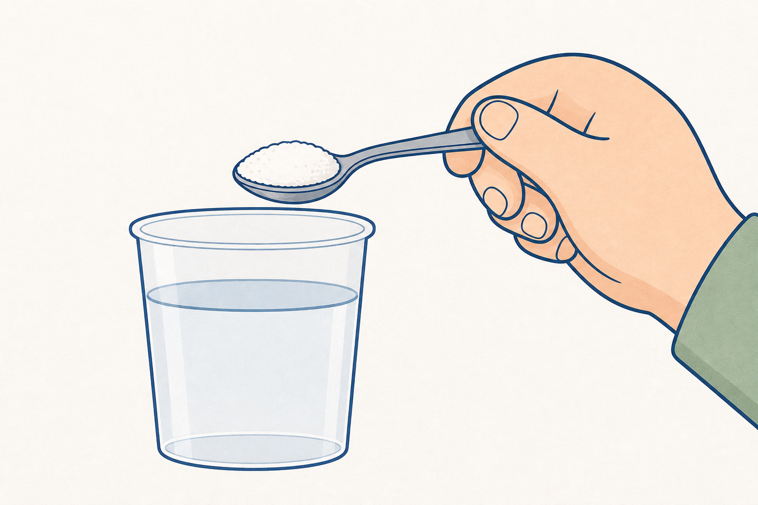First action: one level spoonful added to the cup