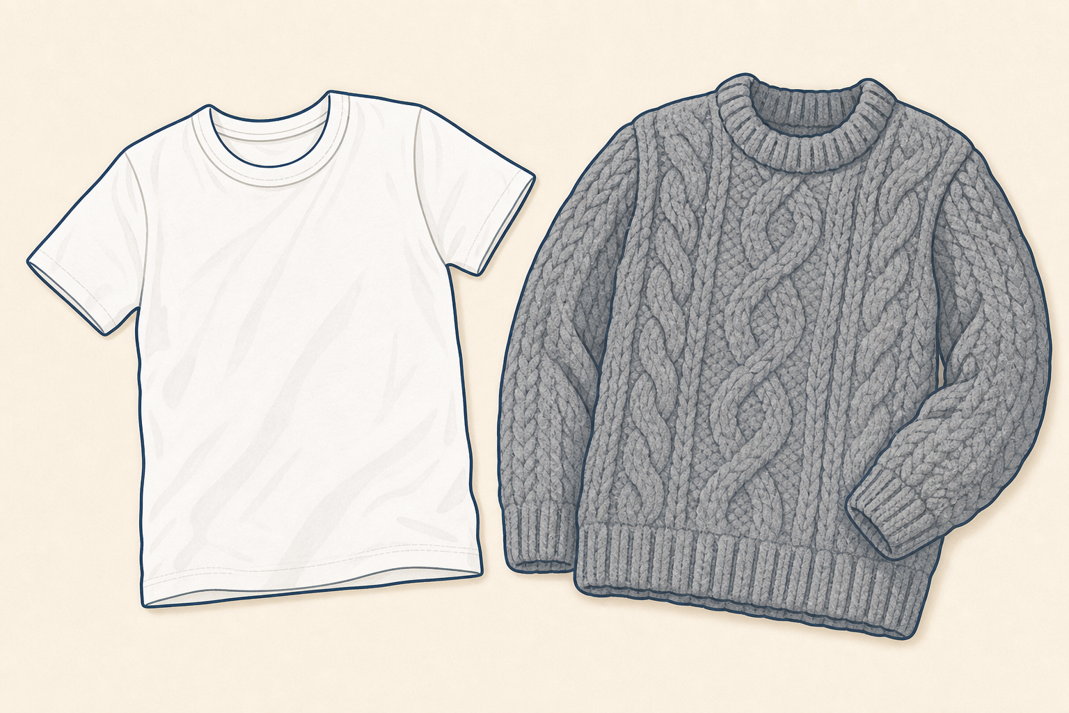 Thin T-shirt beside thick wool jumper, the clothing choice being compared