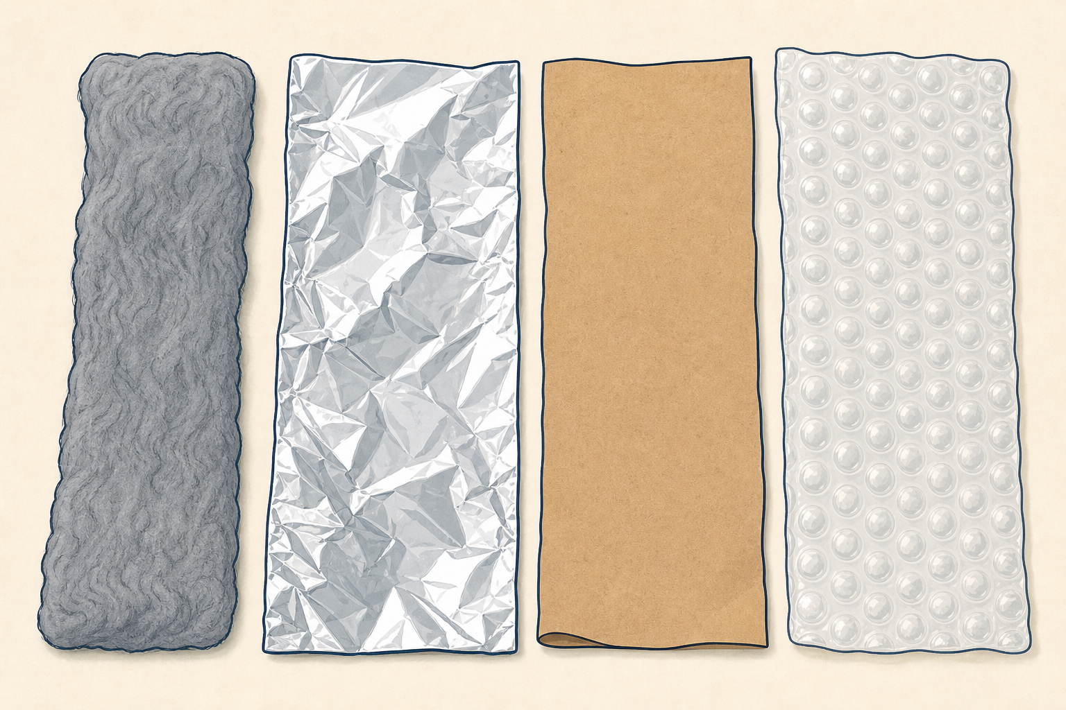 The four wrapping materials laid out before testing begins