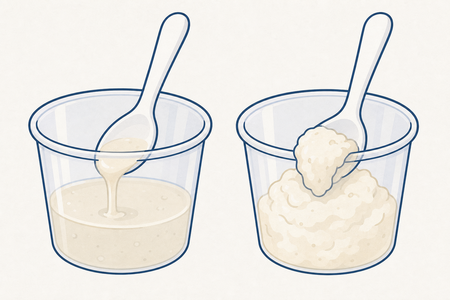 A runny mix beside a lumpy mix, the contrast children describe