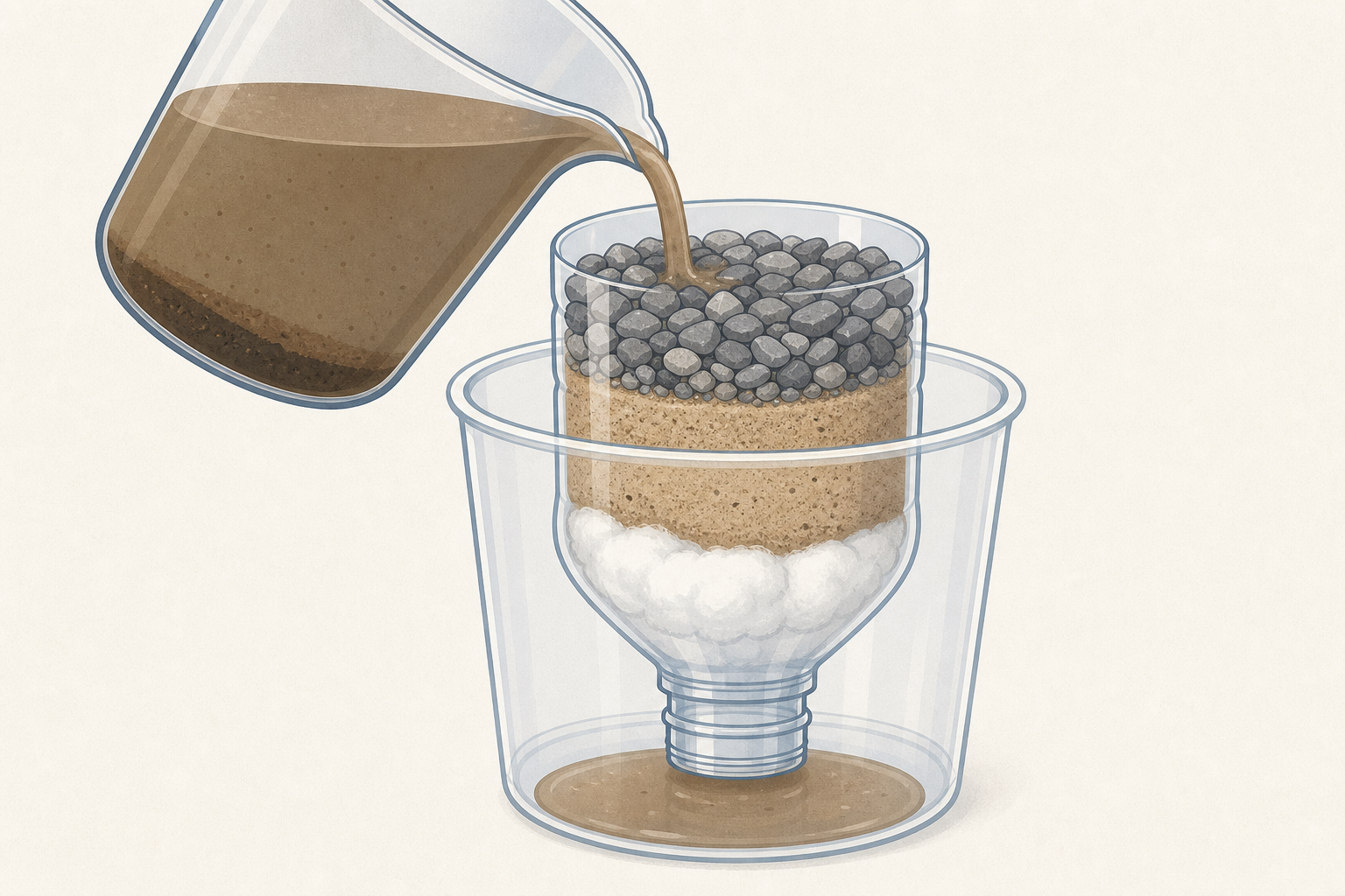 Measured muddy water being poured into the built filter for testing