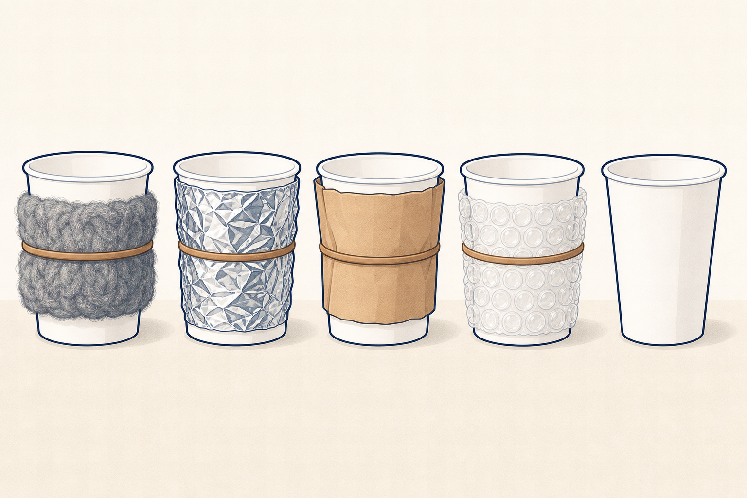 All five cups wrapped and ready, including the bare one