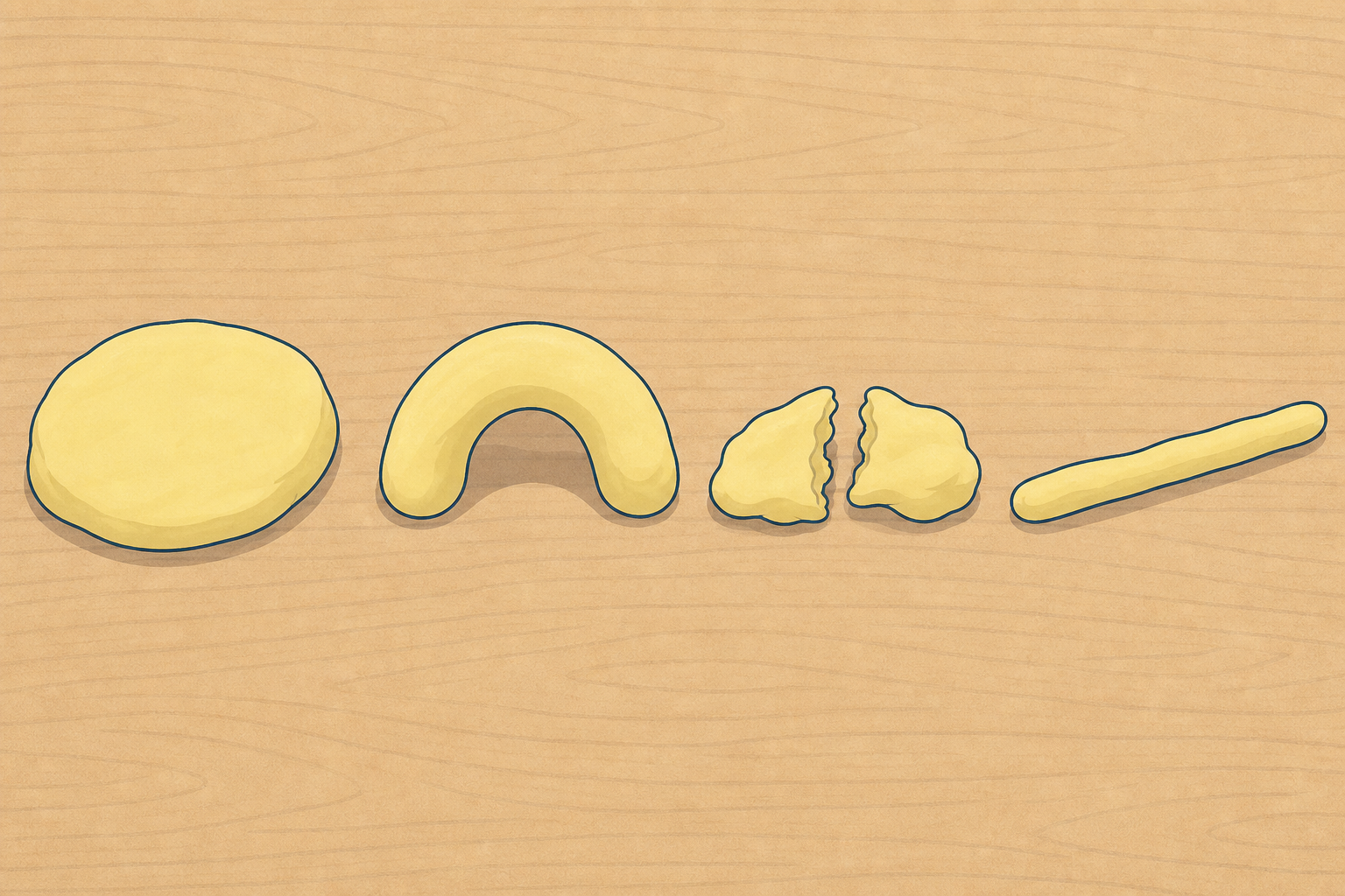 Four dough pieces showing what squashing, bending, tearing, stretching leave behind