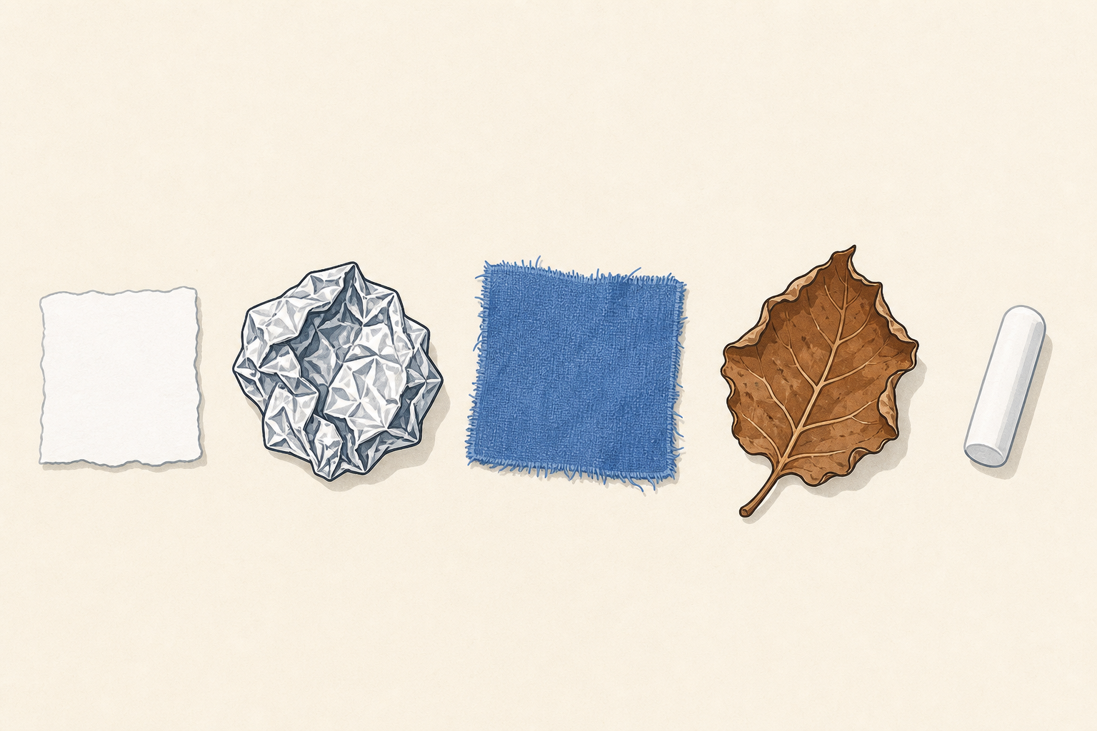 All five weather-watch samples laid out so children can compare the materials