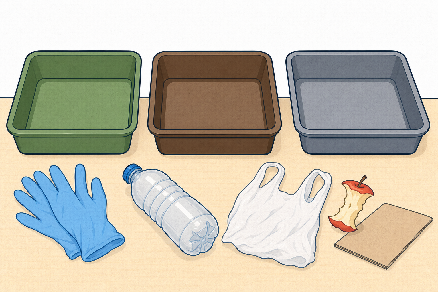 The sorting apparatus: three trays, gloves and clean sample waste