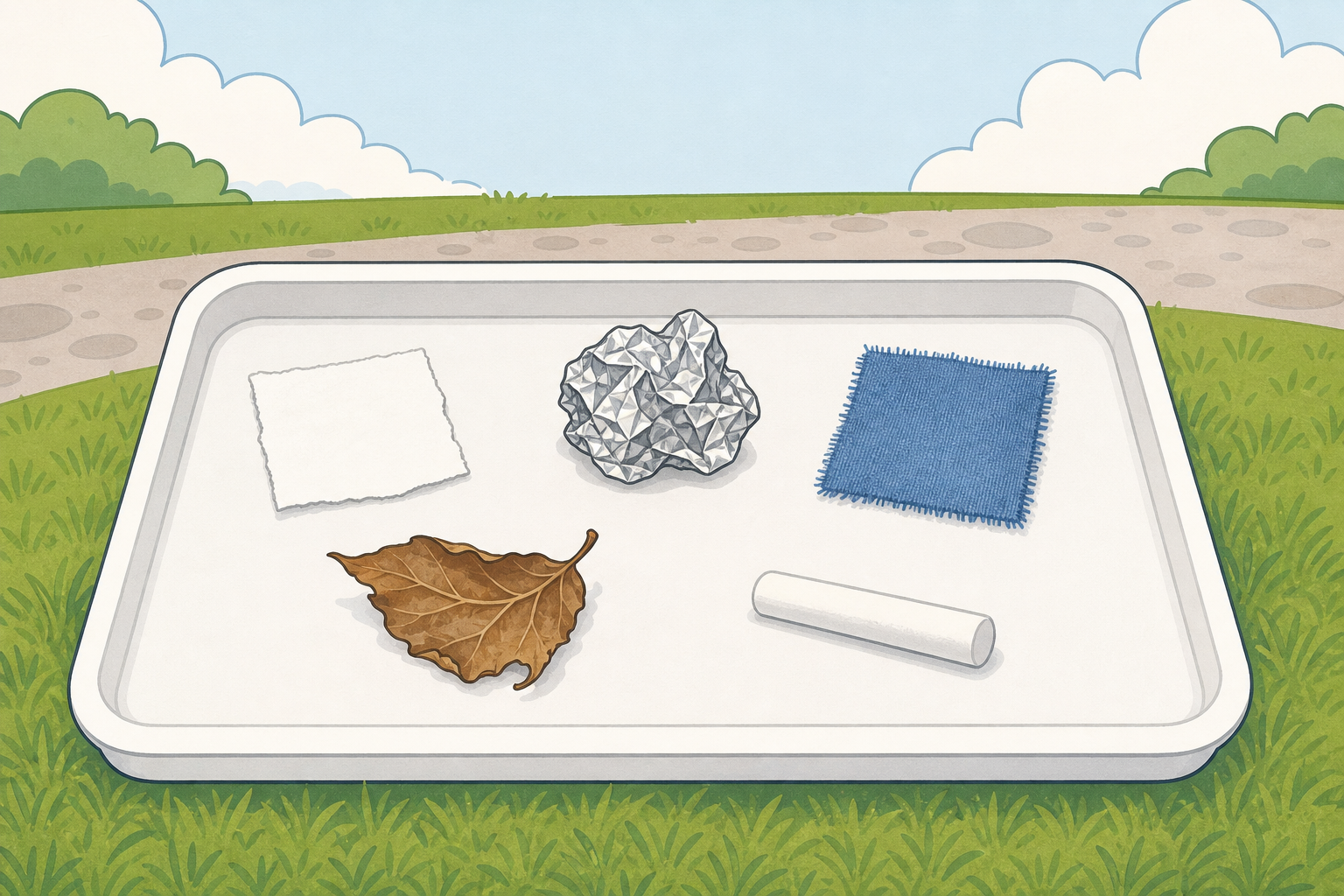 The set-up tray of samples in its safe outdoor spot before the weather acts