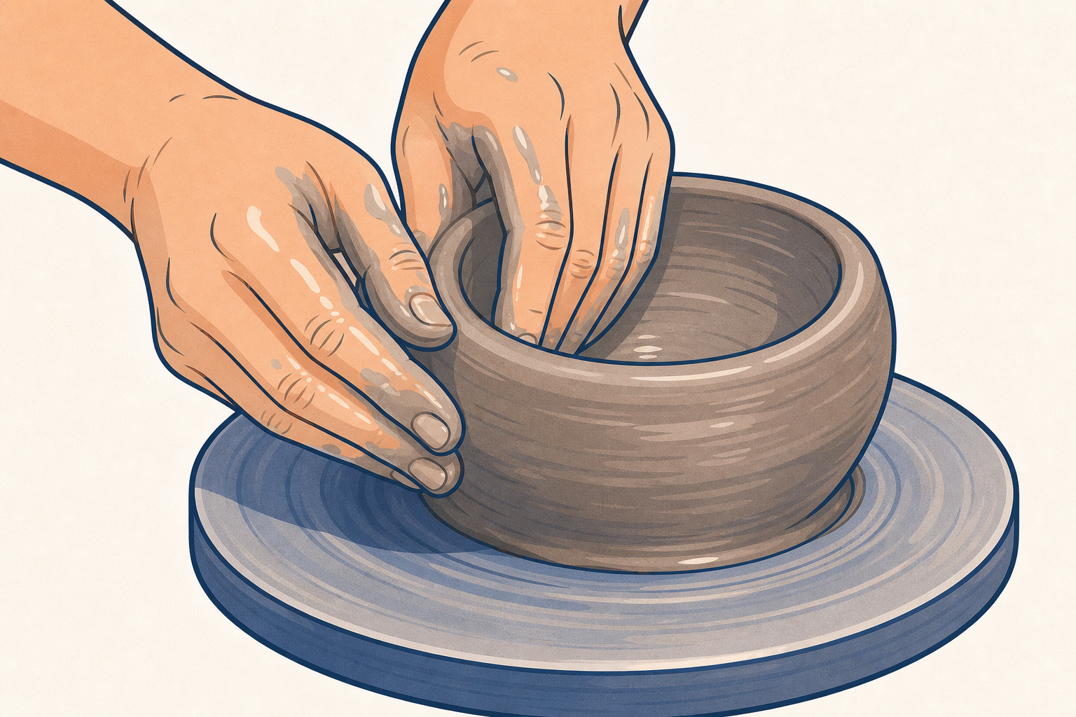 A potter's hands pushing soft clay, the real-world version of squashing