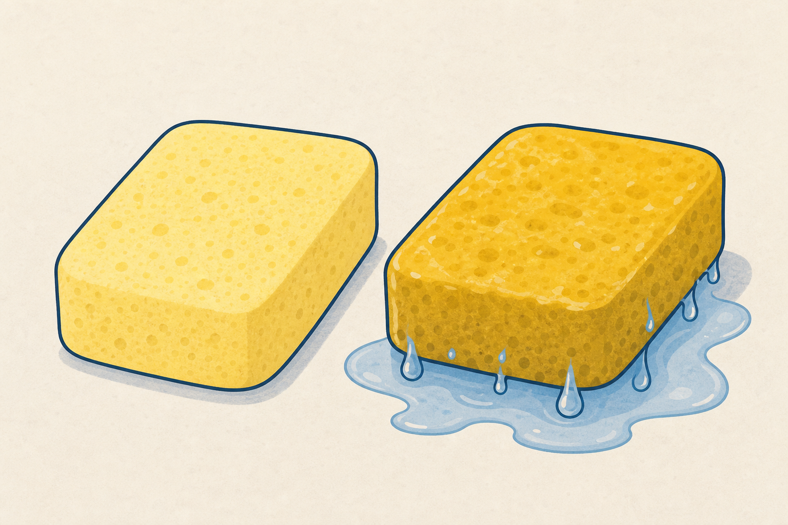 Dry sponge beside soaked dripping sponge, the puzzle that opens the lesson