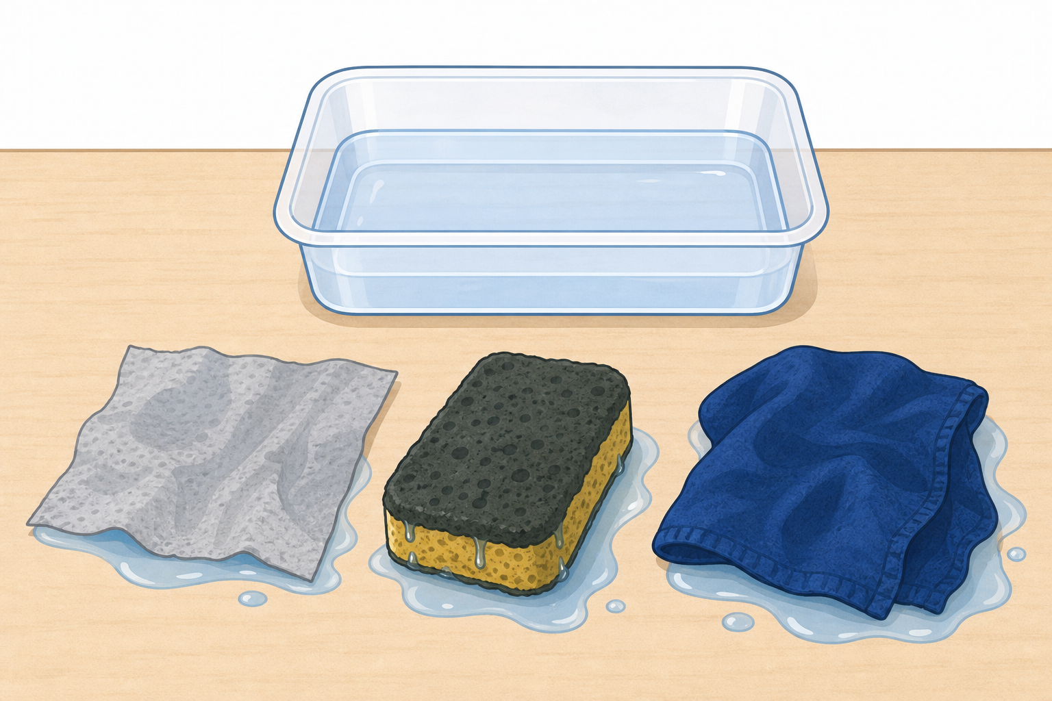 The same three materials after dipping, darker, limp and dripping