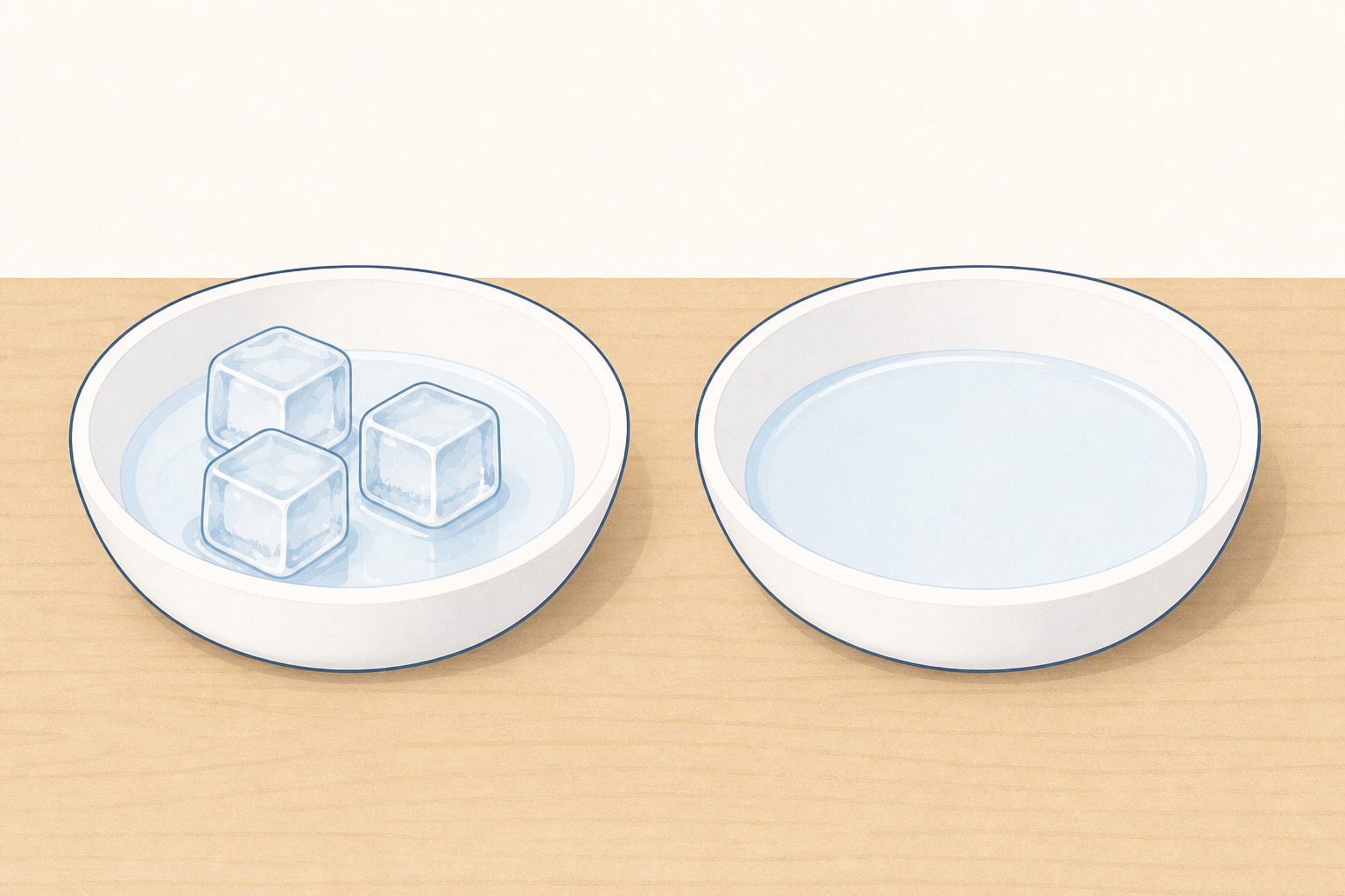 Ice bowl beside melted-water bowl, the observation this step asks for