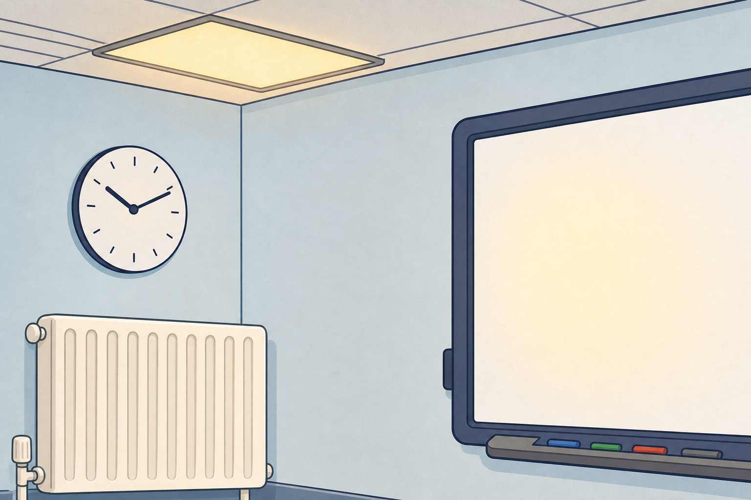 Classroom things working by themselves: light, clock, radiator, whiteboard