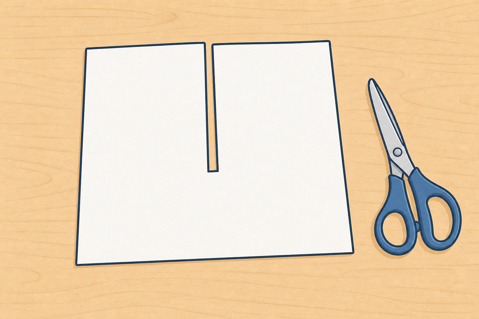 First build stage: cut paper rectangle with centre cut between the wings