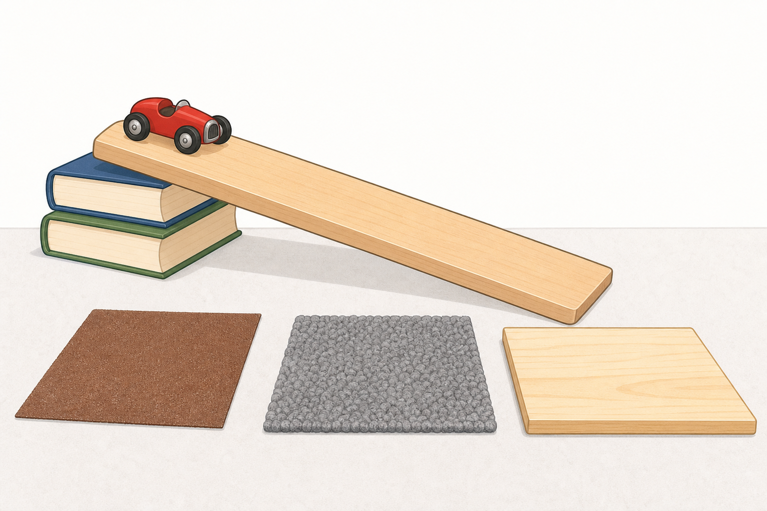 The whole apparatus: ramp, car and the three floor surfaces to test