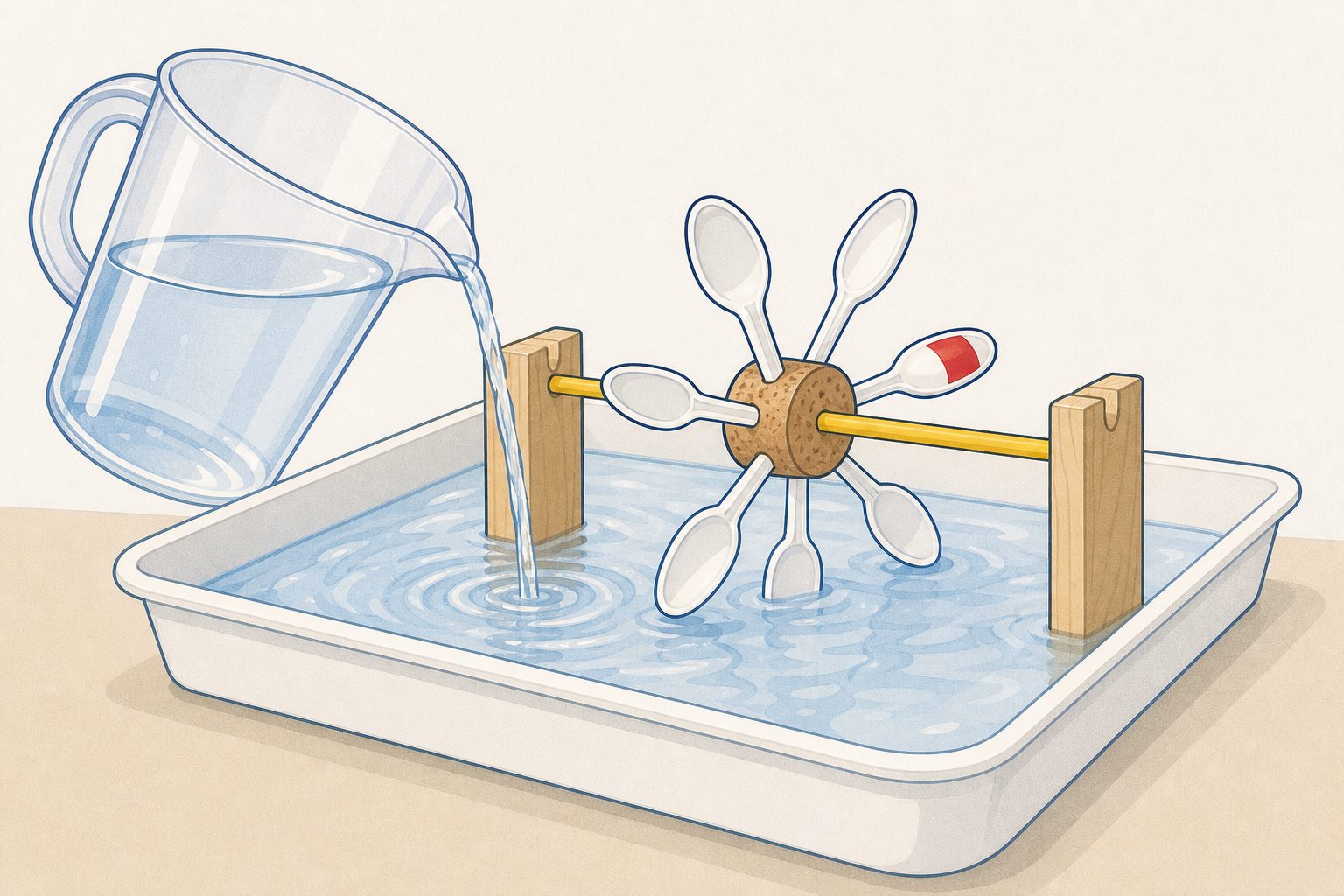 Water poured from jug into tray, the moving water the lesson is about