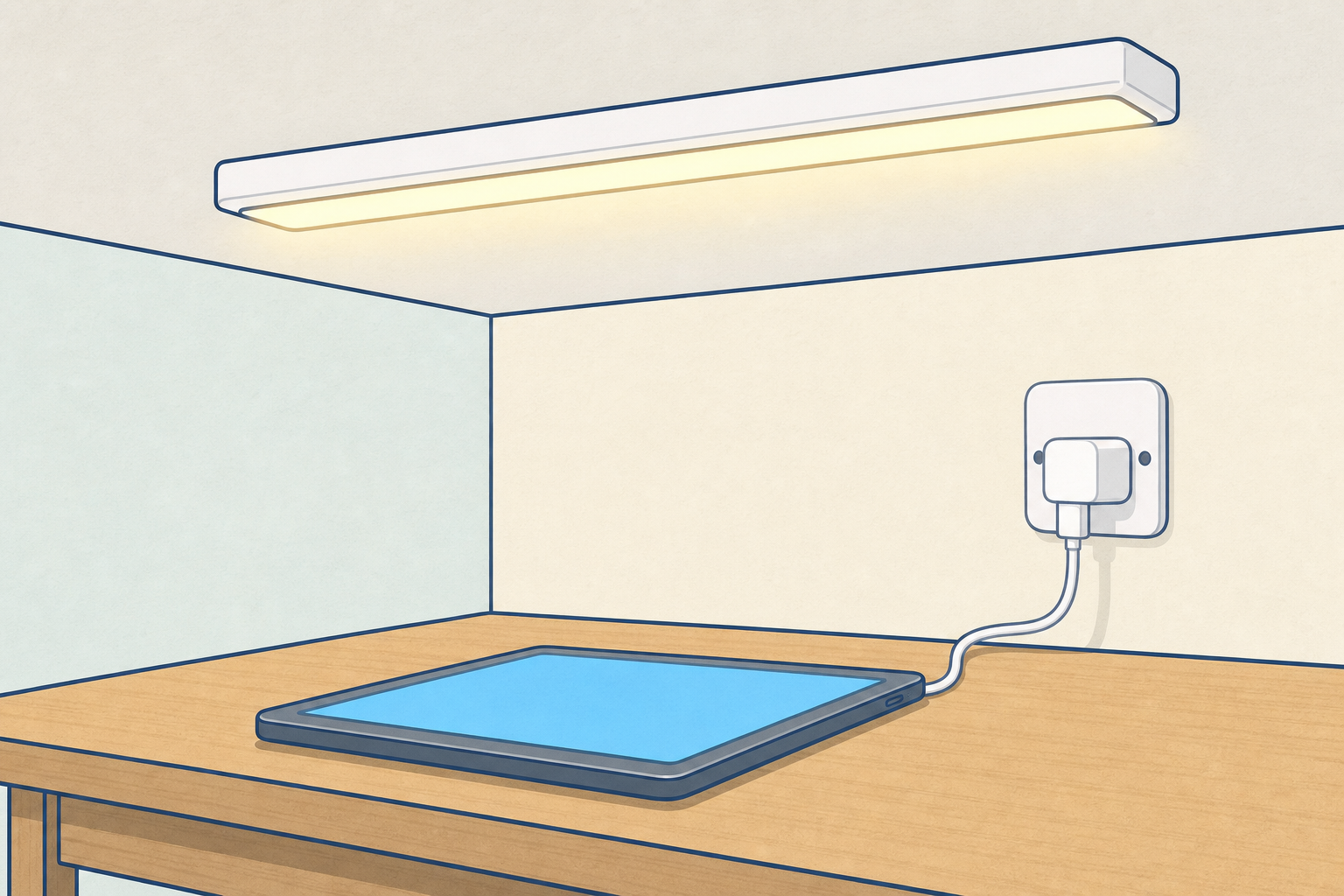 Empty classroom corner with light, tablet and charger all left on